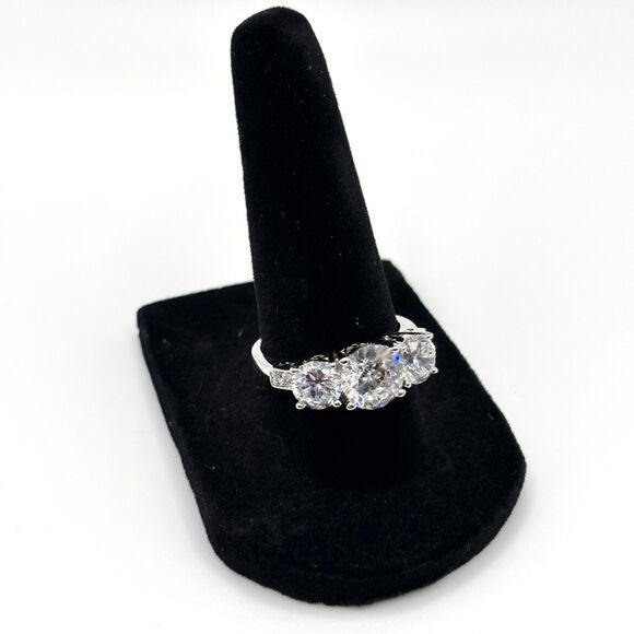 Gorgeous Three Stone CZ Sterling Silver Marked Engagement Ring | Size 8 - Picture 3 of 12